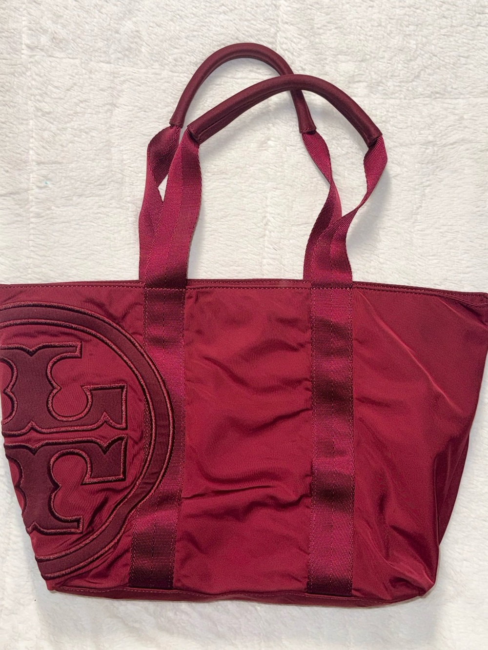 Tory Burch Deep Maroon Embroidered Logo Nylon Tote Bag